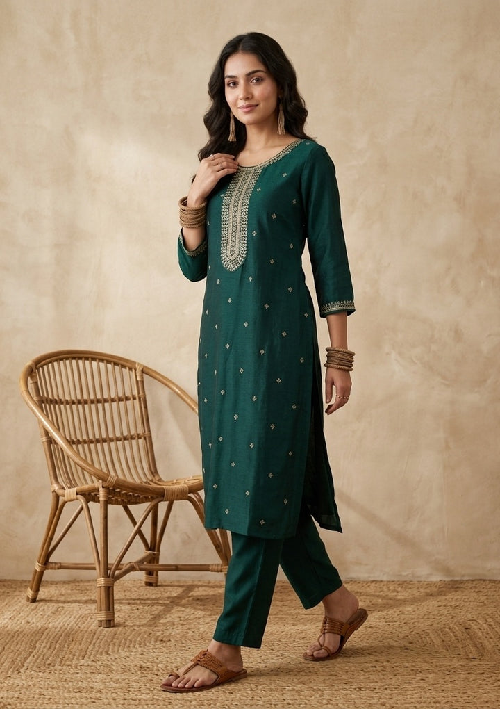 Bottle Green Soft Raw Silk Gold Zariwork Straight Kurta With Pant Regular And Dupatta