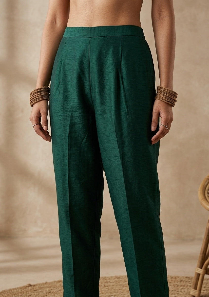 Bottle Green Soft Raw Silk Gold Zariwork Straight Kurta With Pant Regular And Dupatta