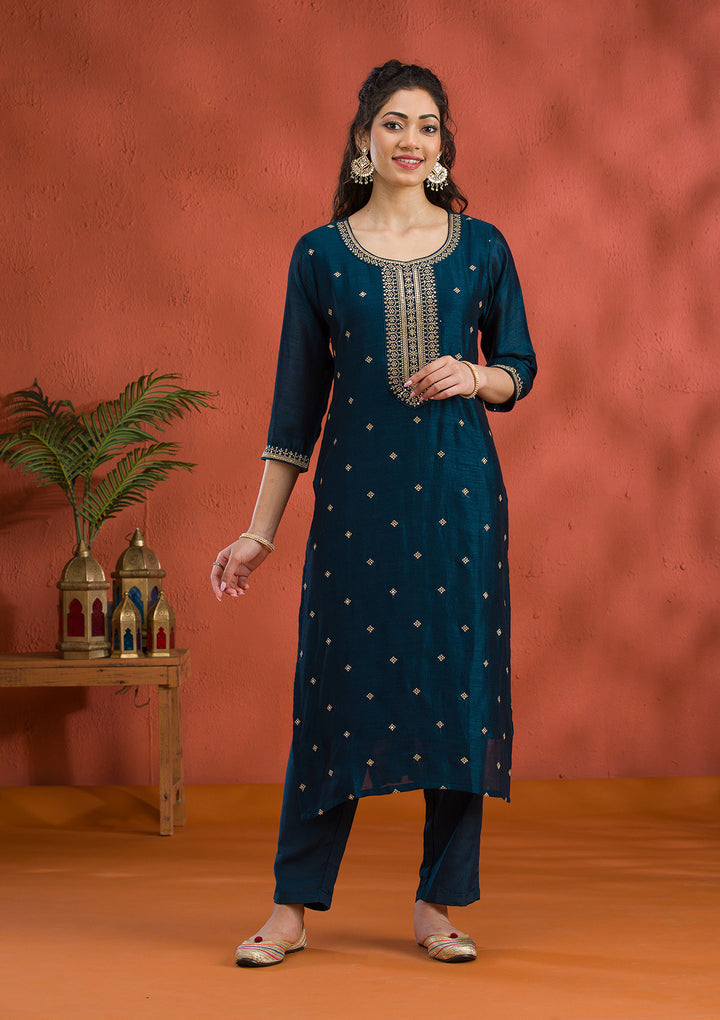 Peacock Blue Threadwork Raw Silk Readymade Salwar Suit