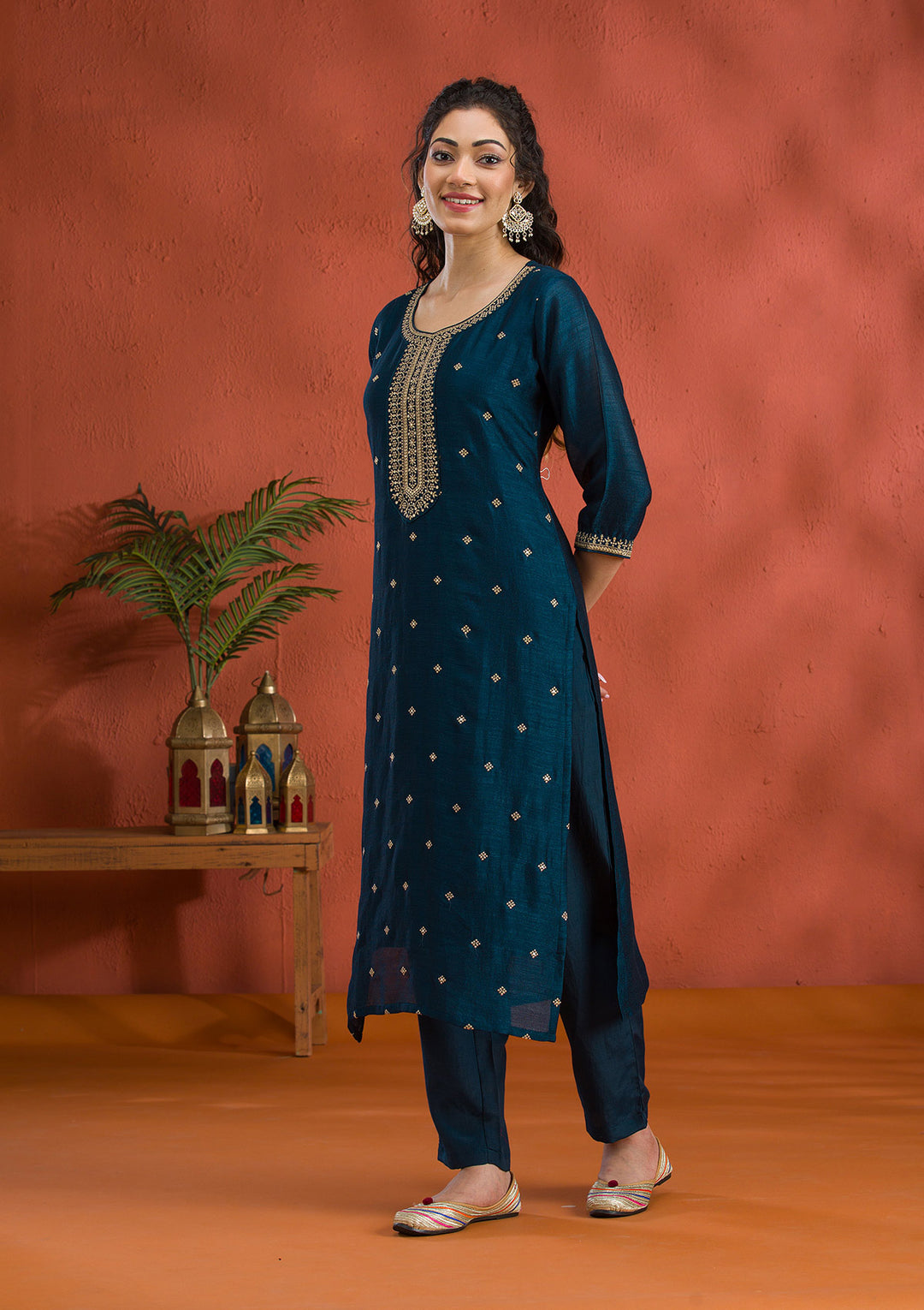 Peacock Blue Threadwork Raw Silk Readymade Salwar Suit