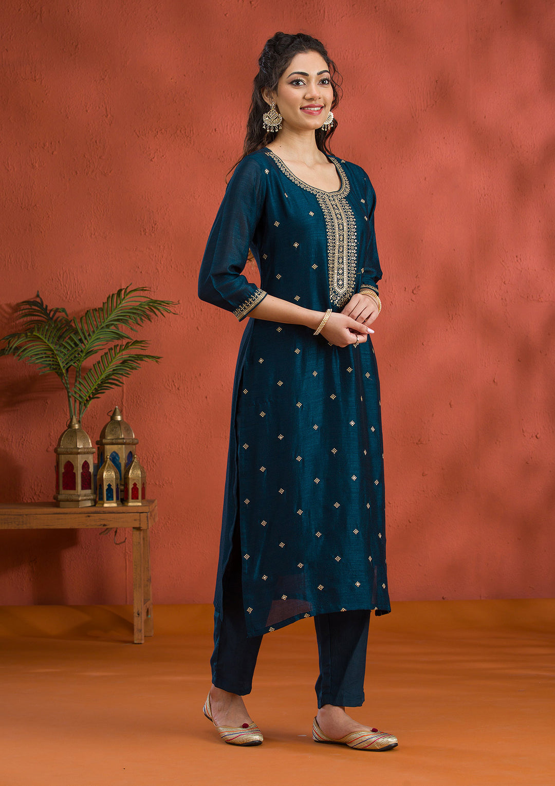 Peacock Blue Threadwork Raw Silk Readymade Salwar Suit