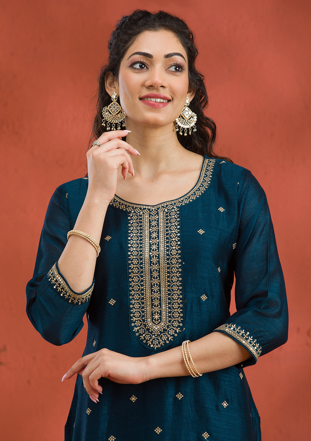 Peacock Blue Threadwork Raw Silk Readymade Salwar Suit