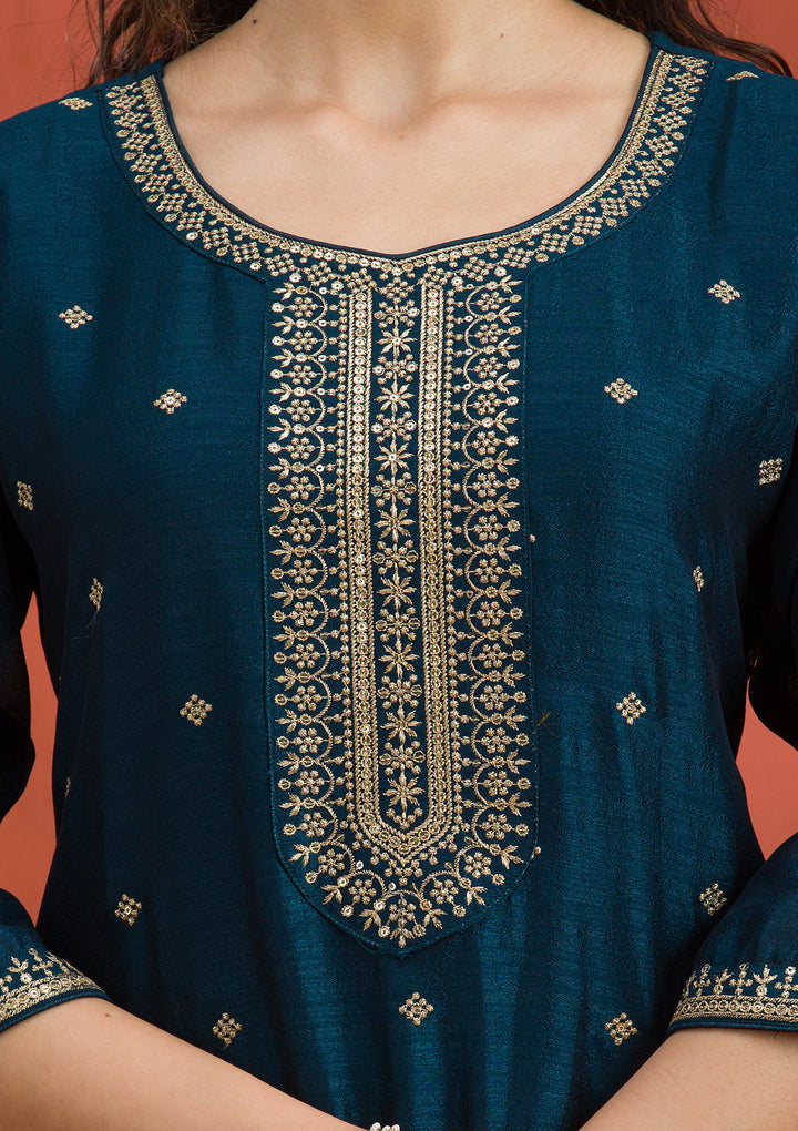 Peacock Blue Threadwork Raw Silk Readymade Salwar Suit