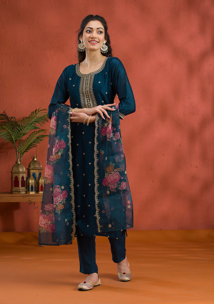 Peacock Blue Threadwork Raw Silk Readymade Salwar Suit