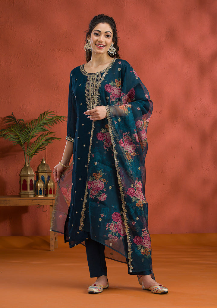 Peacock Blue Threadwork Raw Silk Readymade Salwar Suit