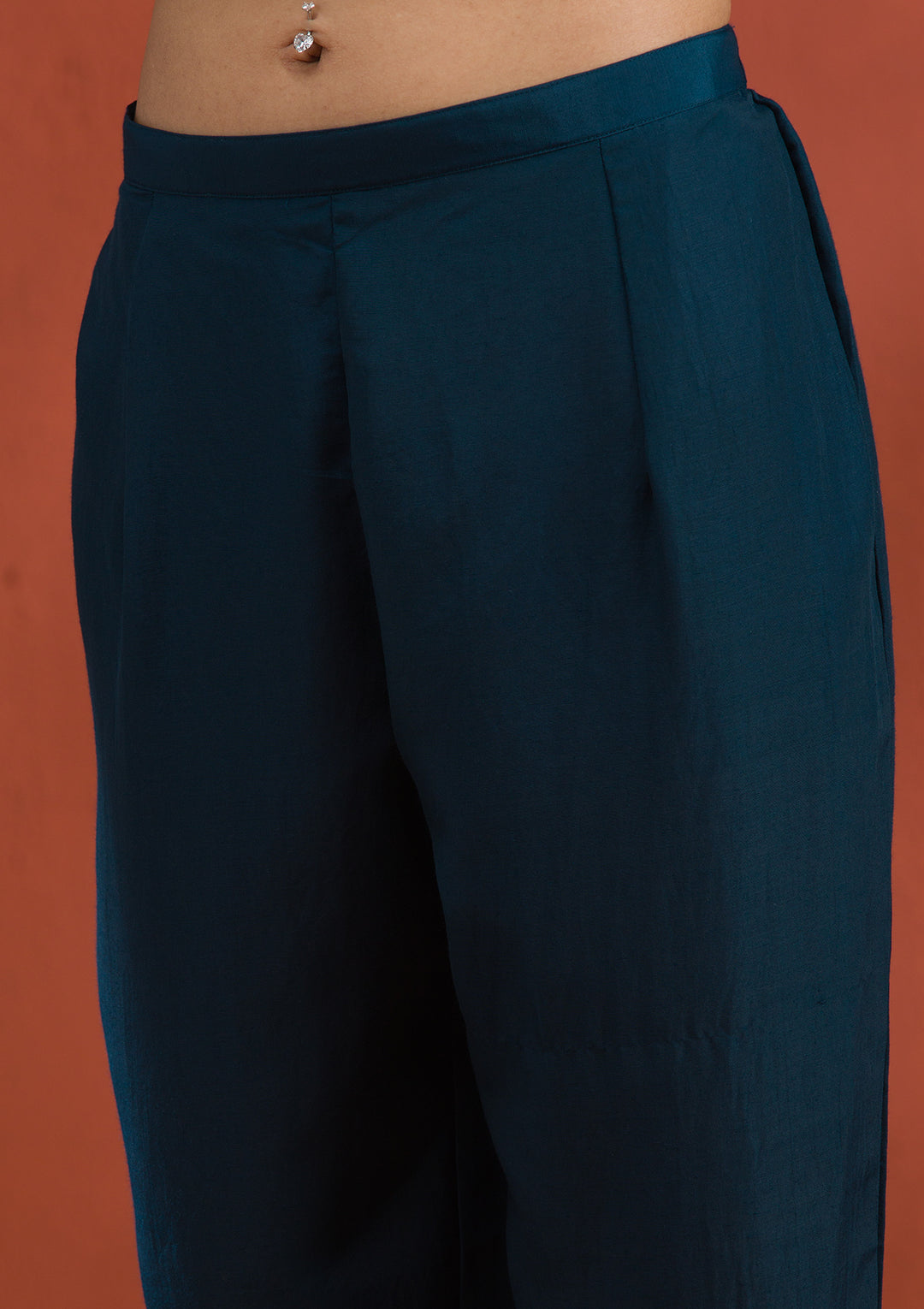 Peacock Blue Threadwork Raw Silk Readymade Salwar Suit