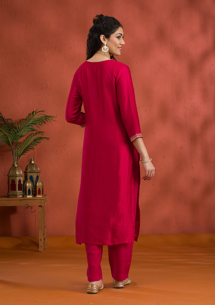 Rani Pink Threadwork Raw Silk Readymade Salwar Suit