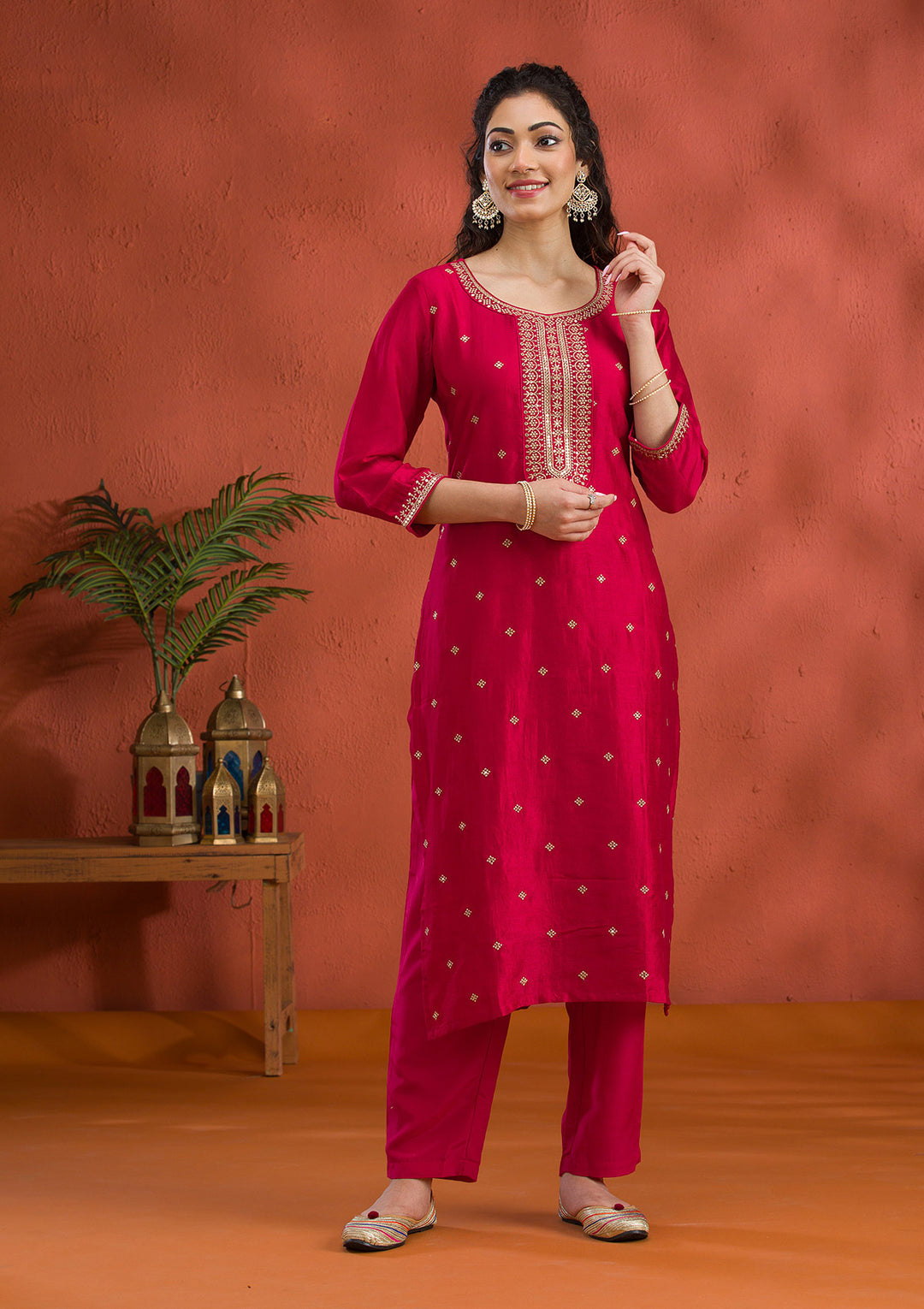 Rani Pink Threadwork Raw Silk Readymade Salwar Suit