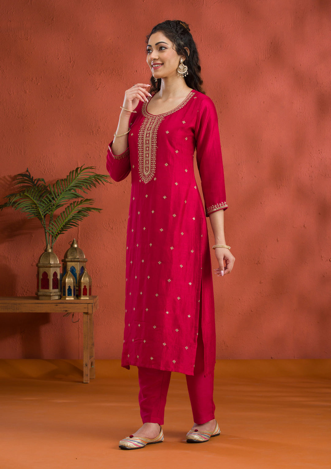 Rani Pink Threadwork Raw Silk Readymade Salwar Suit