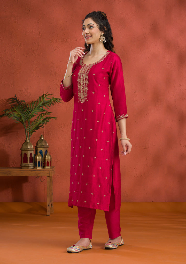Rani Pink Threadwork Raw Silk Readymade Salwar Suit