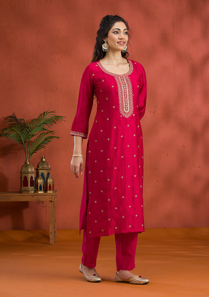 Rani Pink Threadwork Raw Silk Readymade Salwar Suit