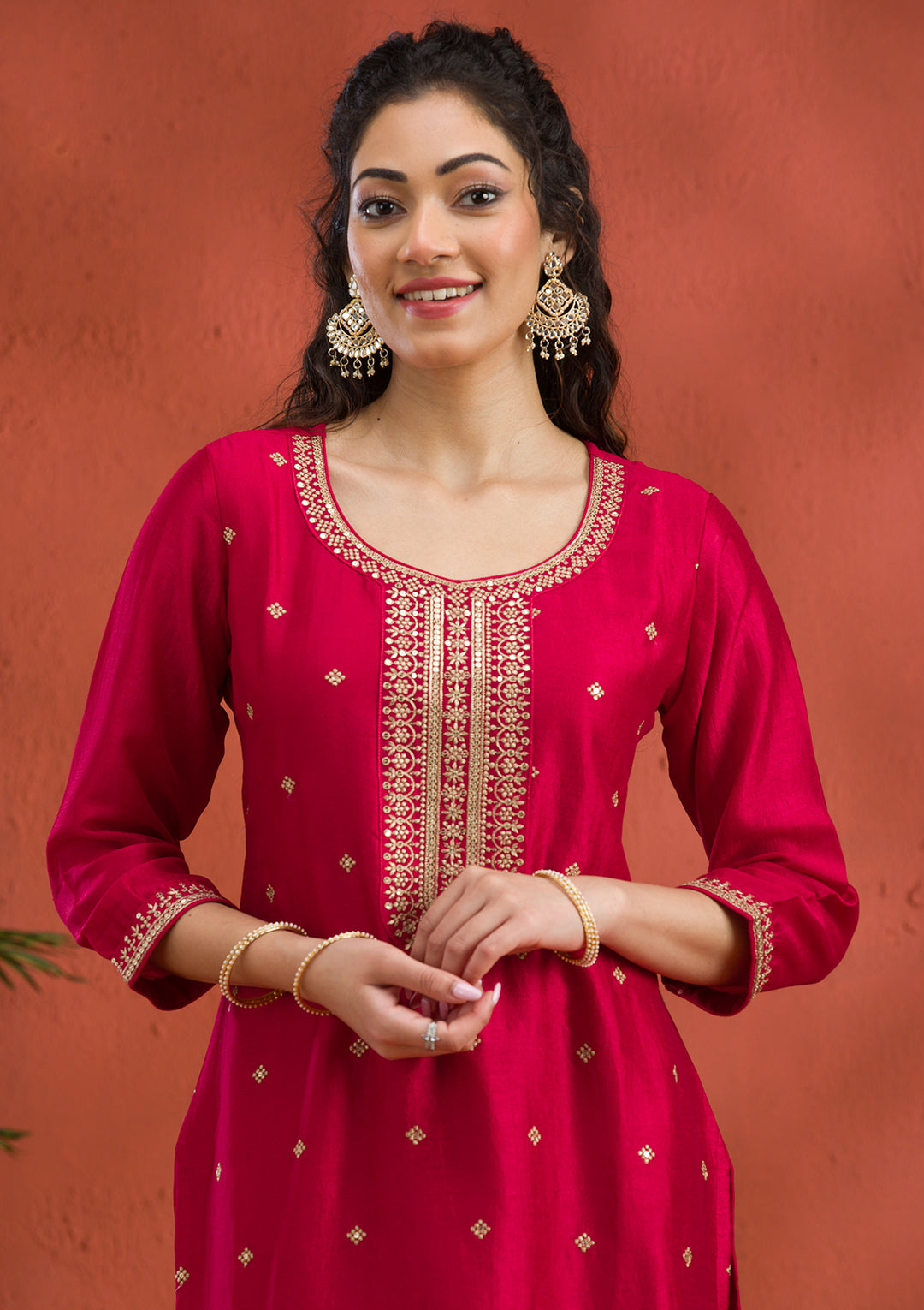 Rani Pink Threadwork Raw Silk Readymade Salwar Suit
