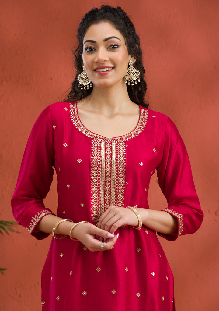 Rani Pink Threadwork Raw Silk Readymade Salwar Suit