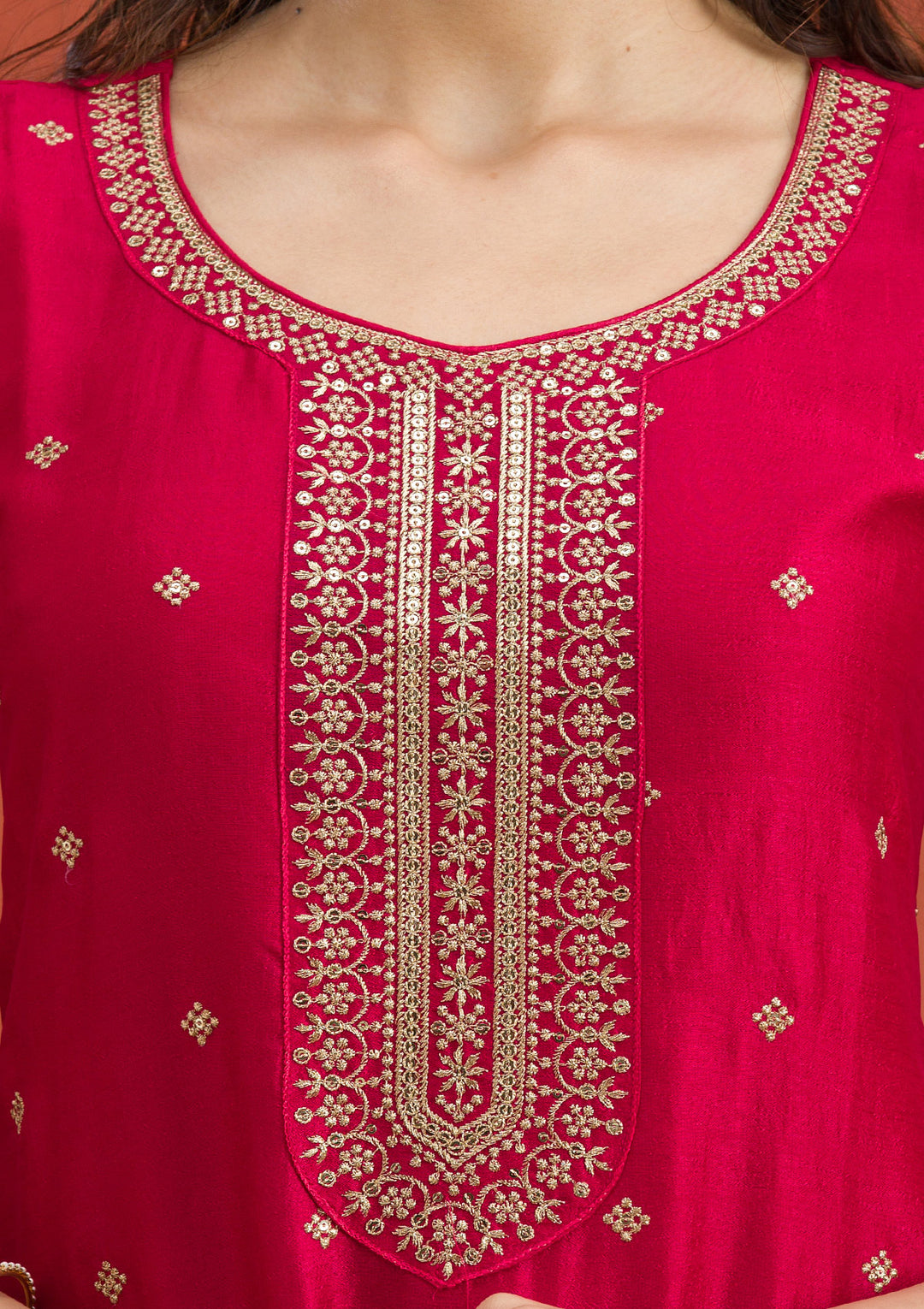 Rani Pink Threadwork Raw Silk Readymade Salwar Suit