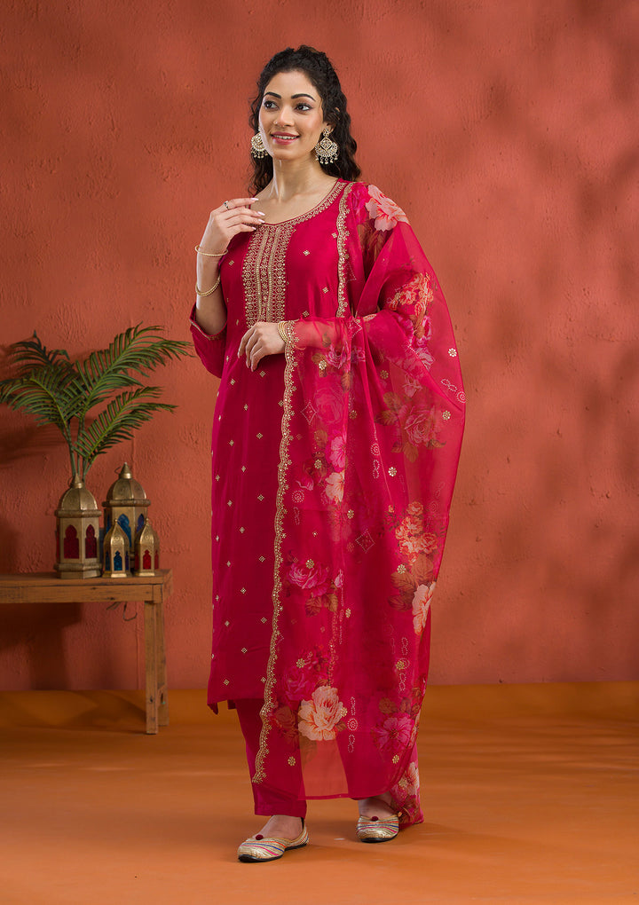 Rani Pink Threadwork Raw Silk Readymade Salwar Suit