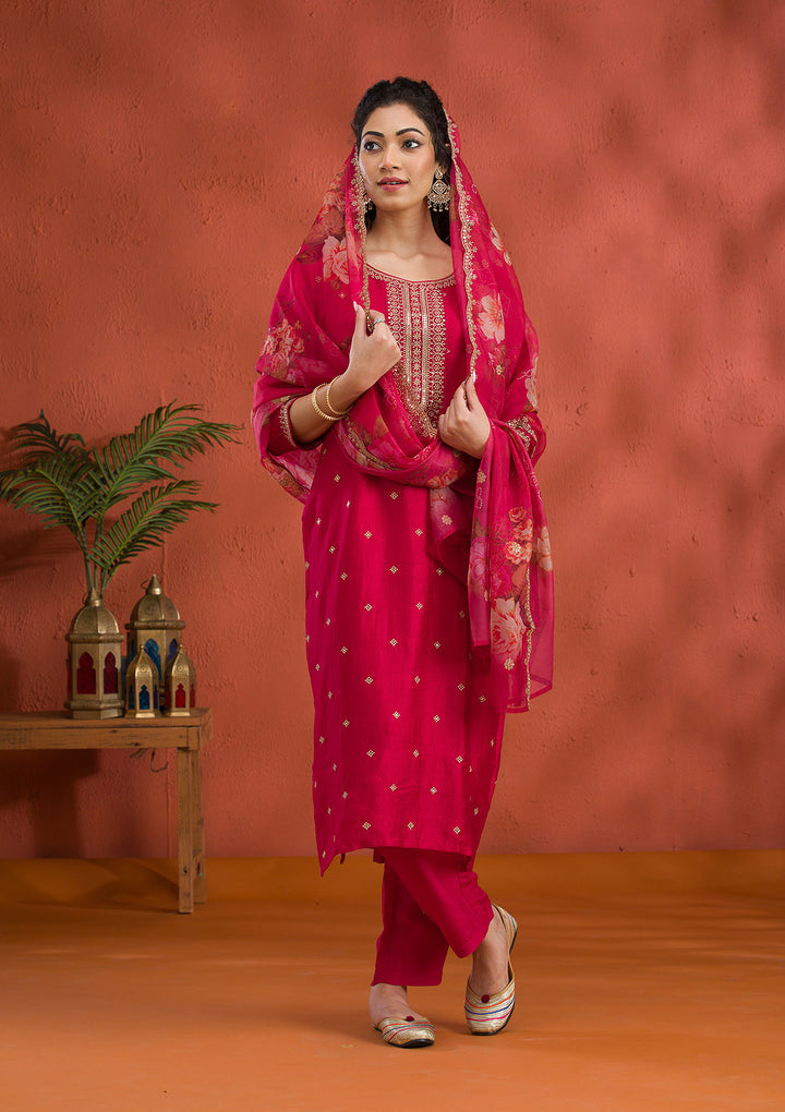 Rani Pink Threadwork Raw Silk Readymade Salwar Suit
