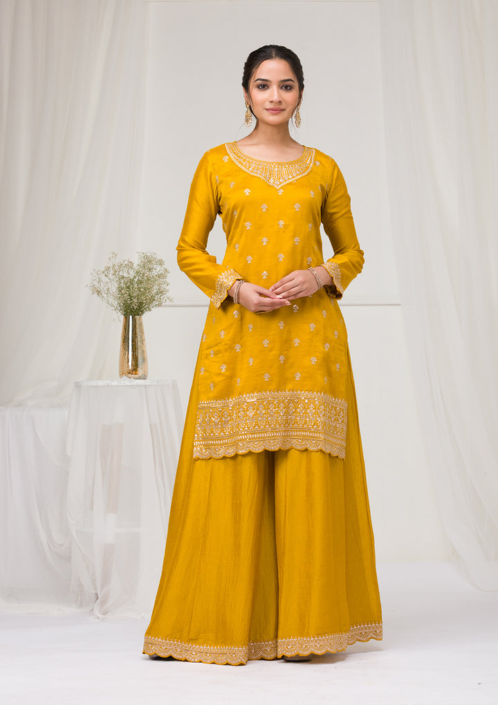 Mustard Zariwork Raw Silk Readymade Salwar Suit