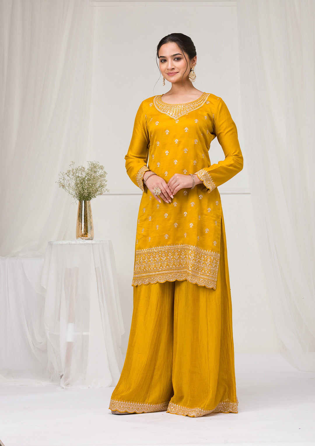Mustard Zariwork Raw Silk Readymade Salwar Suit