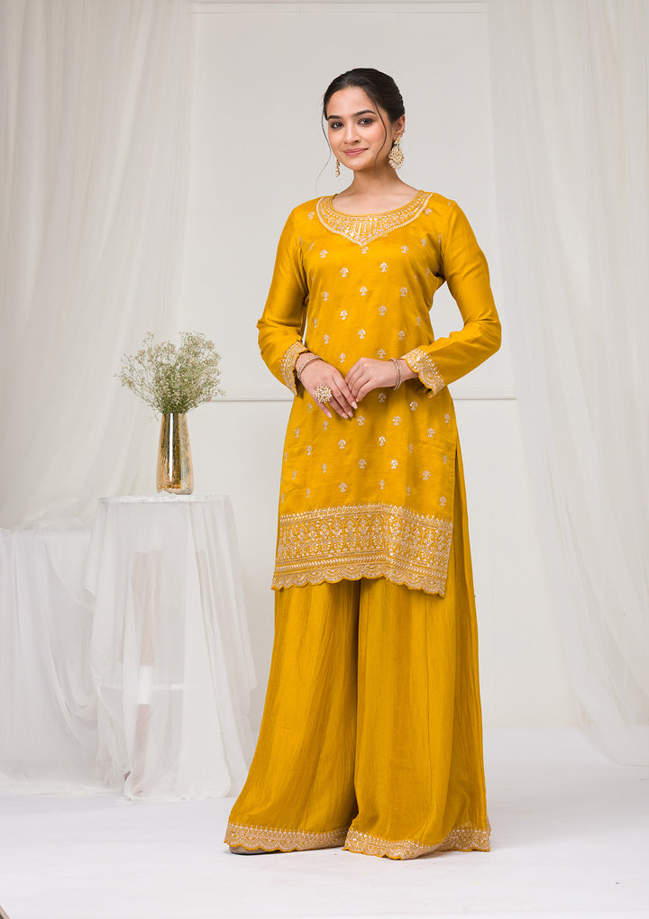 Mustard Zariwork Raw Silk Readymade Salwar Suit