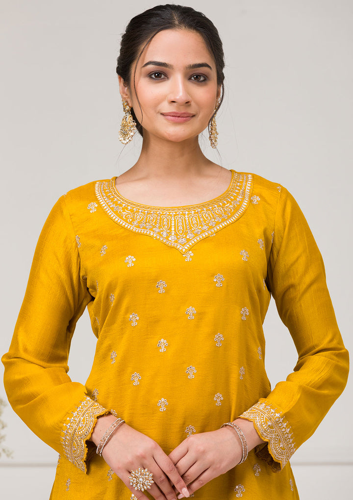 Mustard Zariwork Raw Silk Readymade Salwar Suit