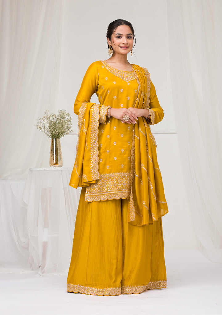 Mustard Zariwork Raw Silk Readymade Salwar Suit