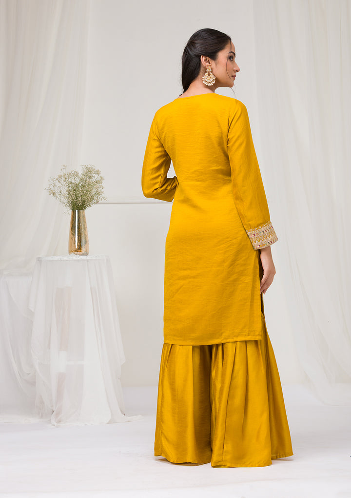 Mustard Zariwork Raw Silk Readymade Sharara Suit