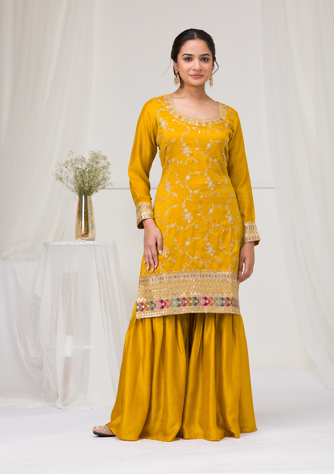 Mustard Zariwork Raw Silk Readymade Sharara Suit