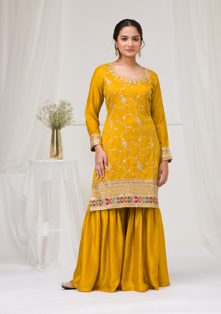 Mustard Zariwork Raw Silk Readymade Sharara Suit