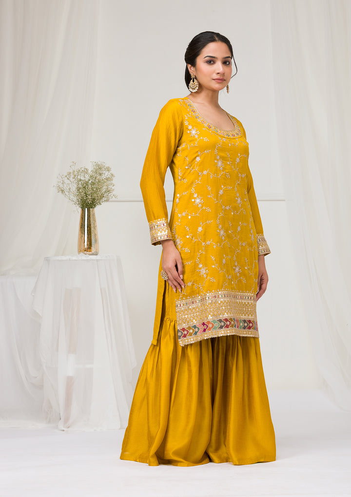 Mustard Zariwork Raw Silk Readymade Sharara Suit