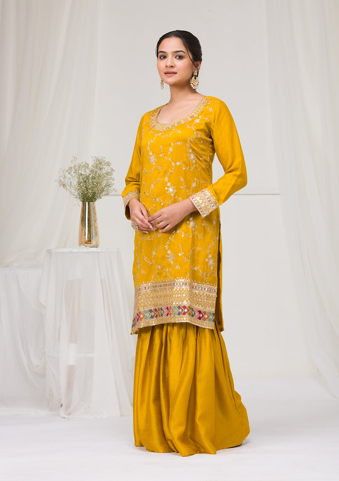 Mustard Zariwork Raw Silk Readymade Sharara Suit