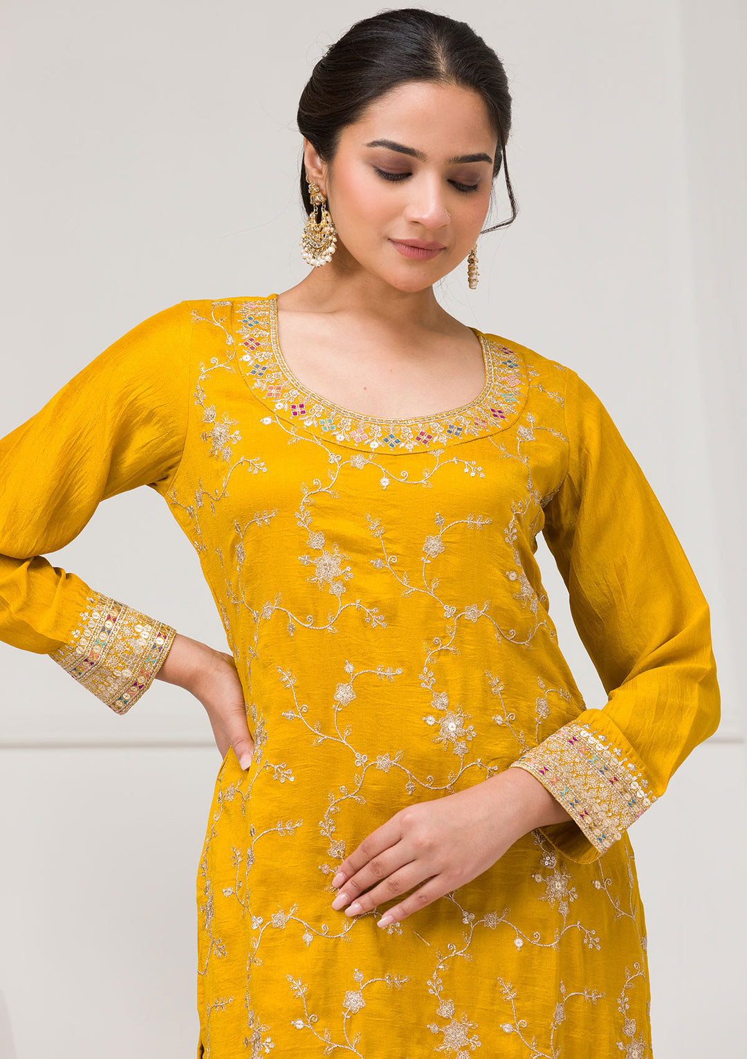 Mustard Zariwork Raw Silk Readymade Sharara Suit