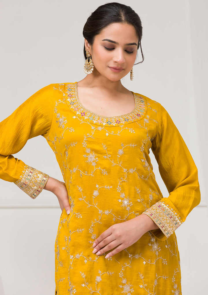 Mustard Zariwork Raw Silk Readymade Sharara Suit