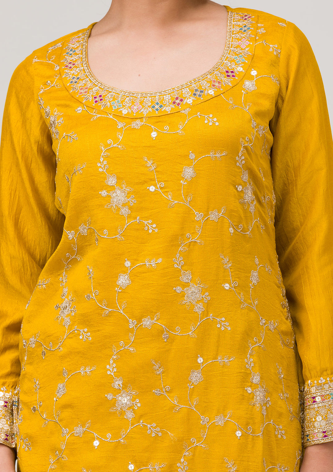 Mustard Zariwork Raw Silk Readymade Sharara Suit