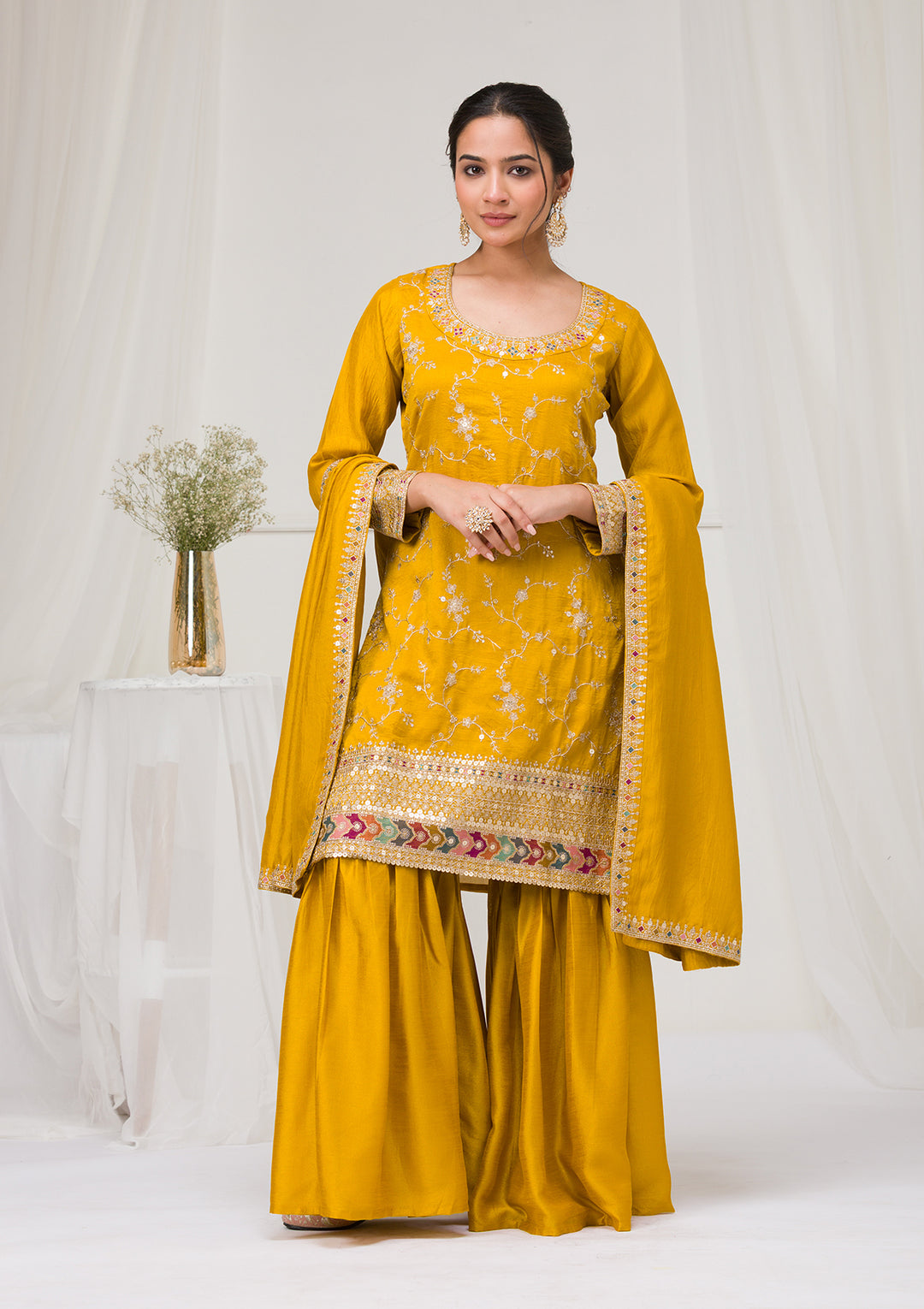 Mustard Zariwork Raw Silk Readymade Sharara Suit