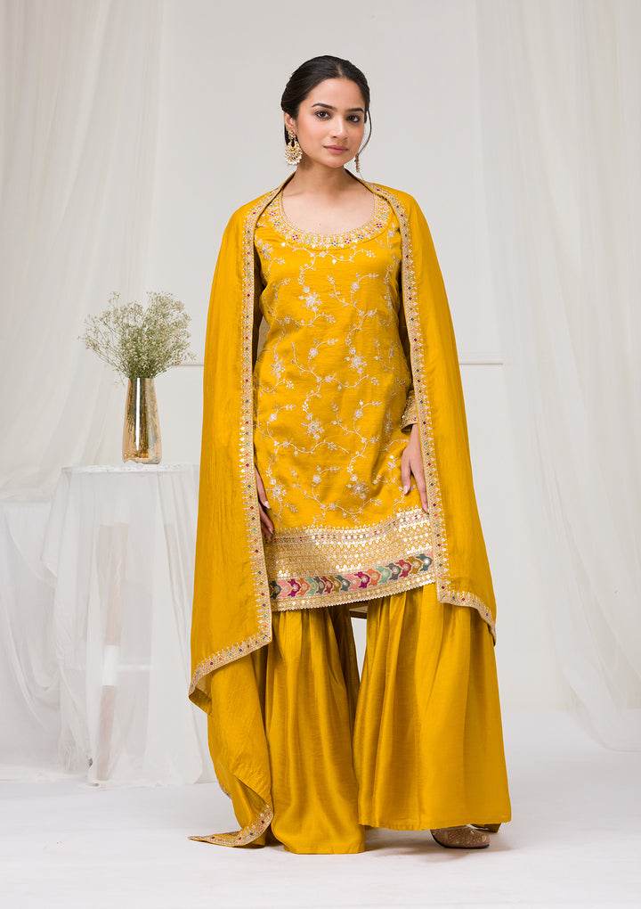 Mustard Zariwork Raw Silk Readymade Sharara Suit