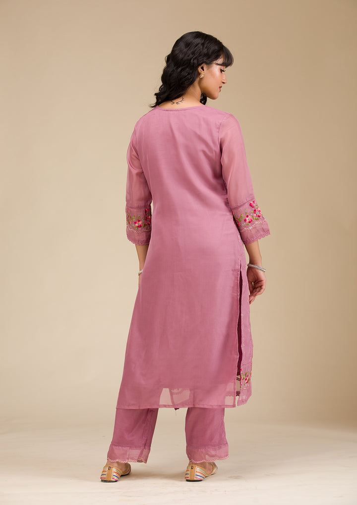 Mauve Threadwork Crepe Readymade Salwar Suit