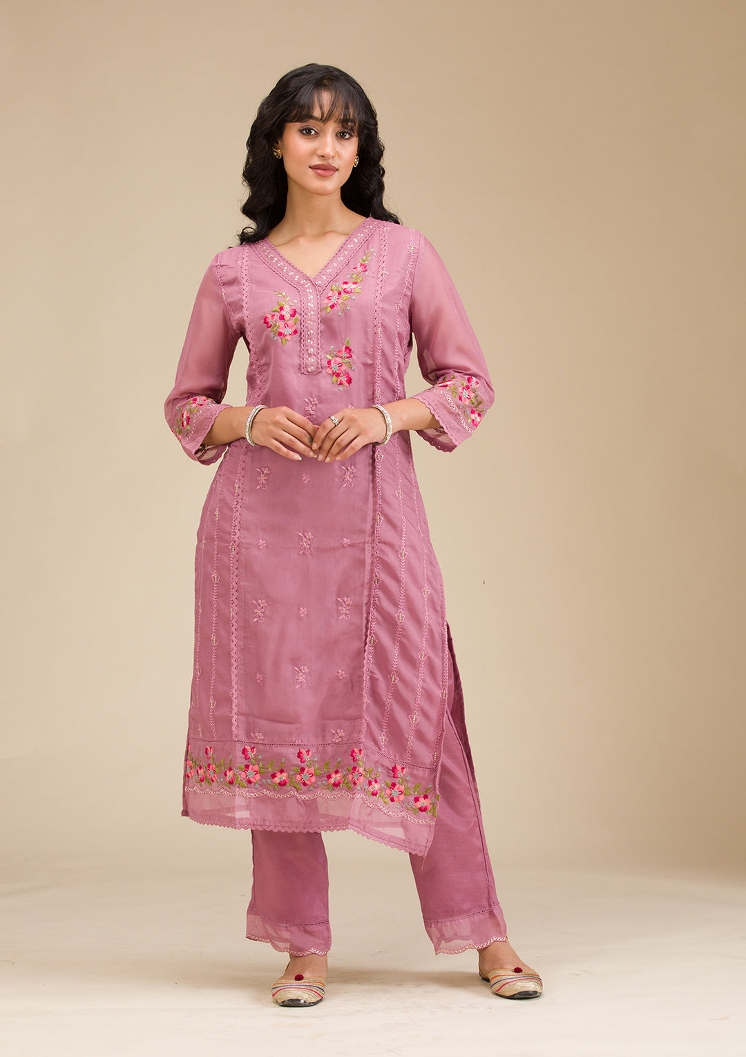 Mauve Threadwork Crepe Readymade Salwar Suit
