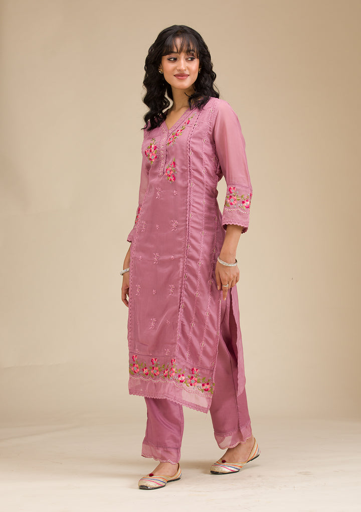 Mauve Threadwork Crepe Readymade Salwar Suit