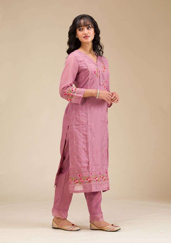 Mauve Threadwork Crepe Readymade Salwar Suit
