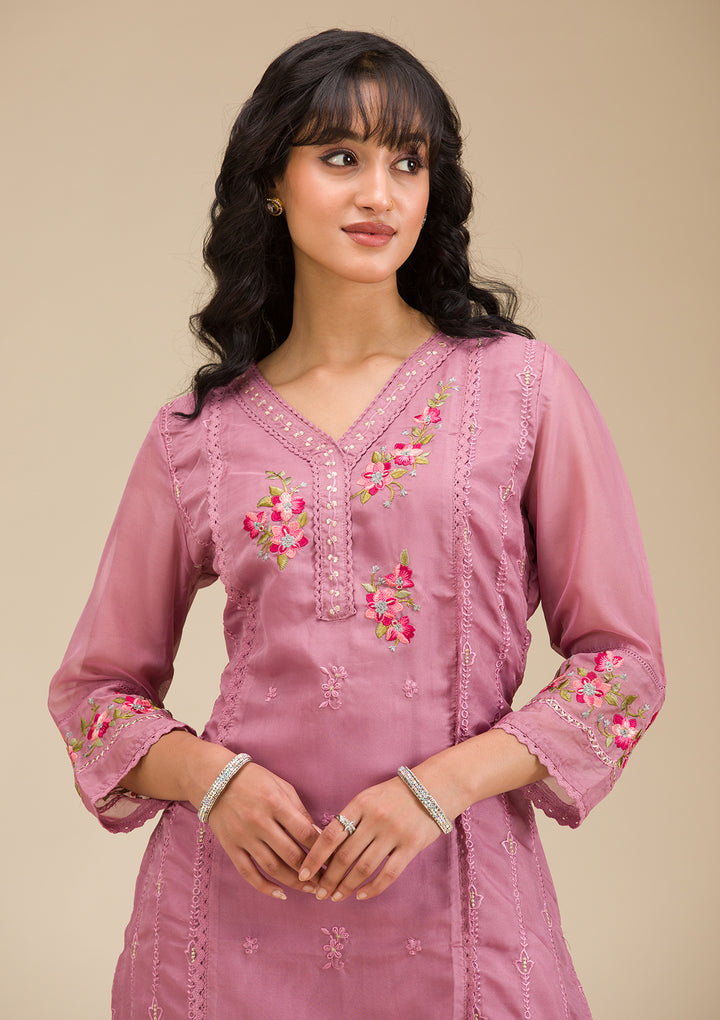 Mauve Threadwork Crepe Readymade Salwar Suit