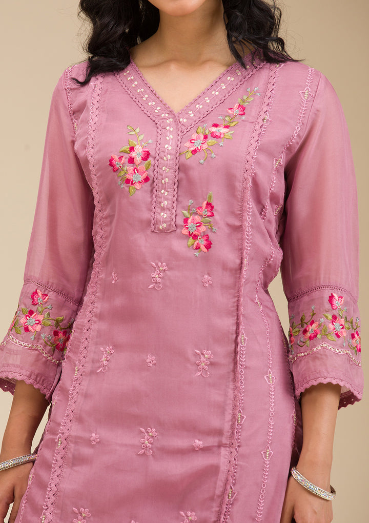 Mauve Threadwork Crepe Readymade Salwar Suit