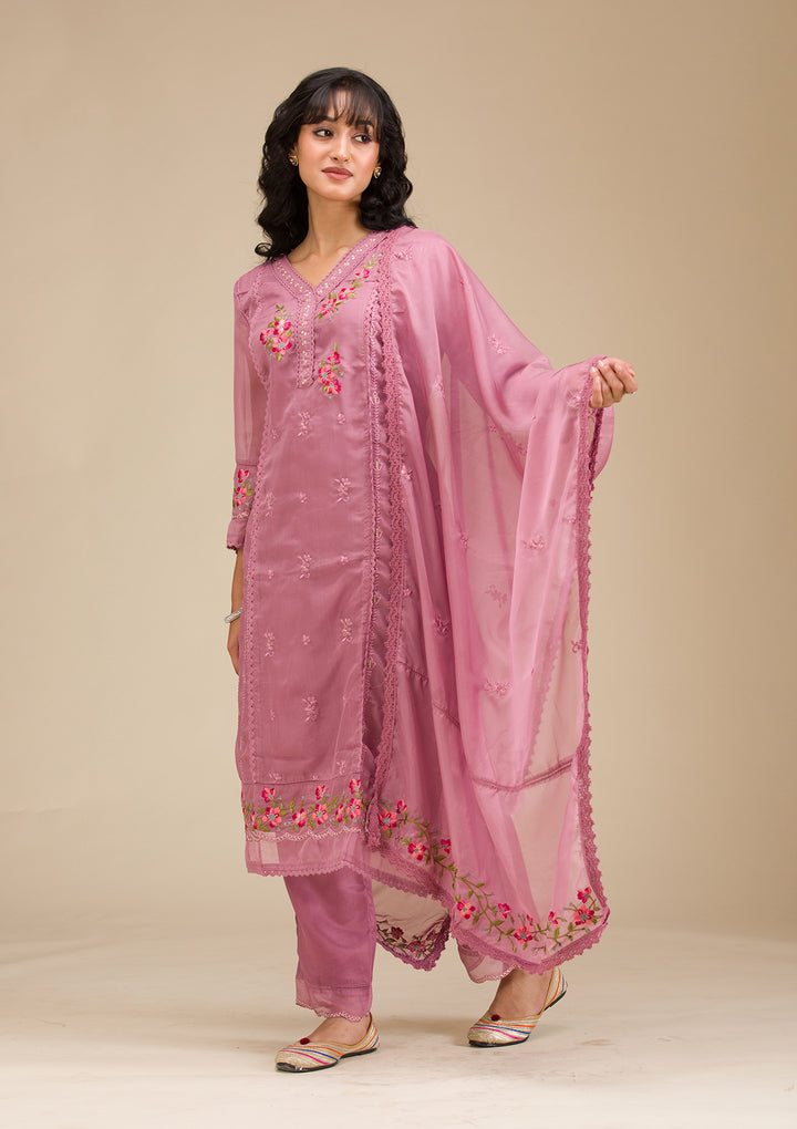 Mauve Threadwork Crepe Readymade Salwar Suit