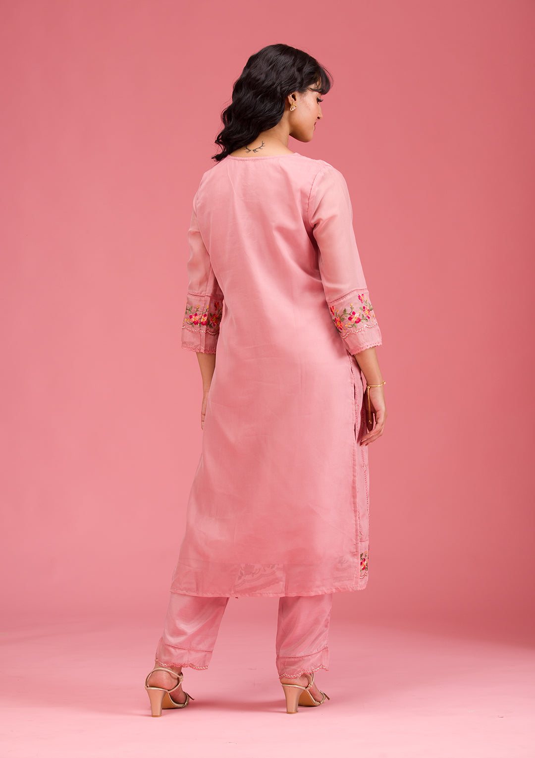 Onion Pink Threadwork Crepe Readymade Salwar Suit