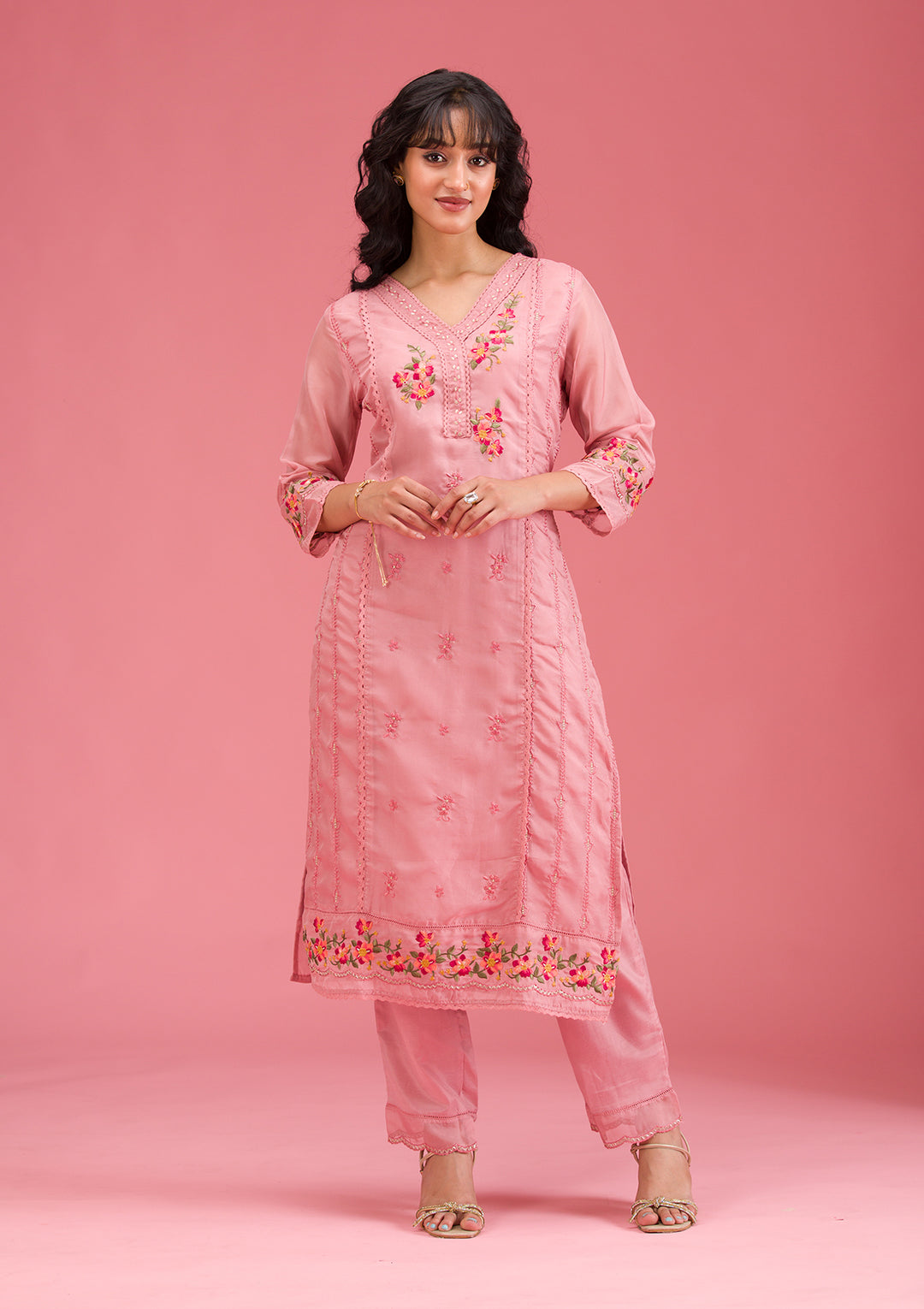 Onion Pink Threadwork Crepe Readymade Salwar Suit