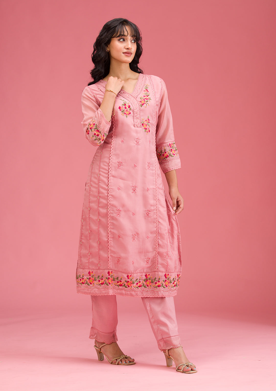 Onion Pink Threadwork Crepe Readymade Salwar Suit