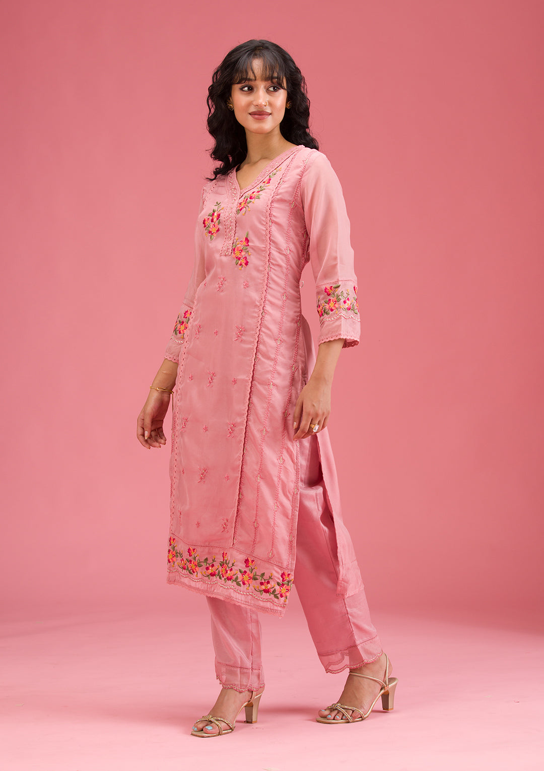 Onion Pink Threadwork Crepe Readymade Salwar Suit