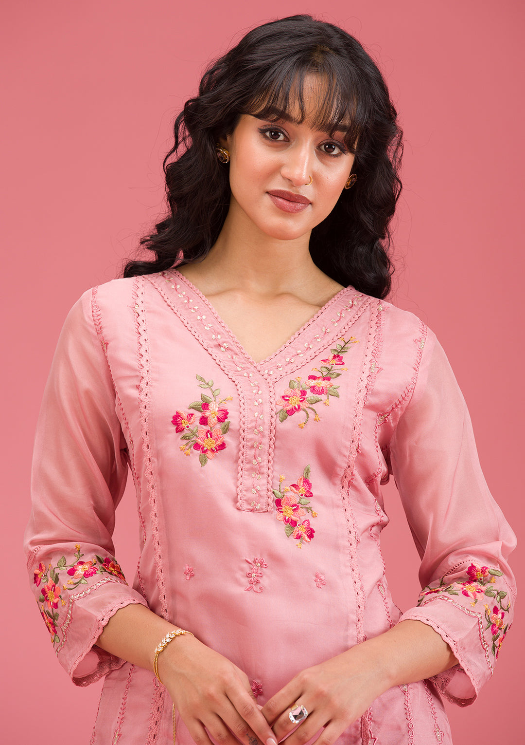 Onion Pink Threadwork Crepe Readymade Salwar Suit