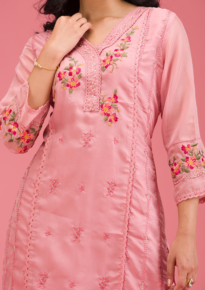 Onion Pink Threadwork Crepe Readymade Salwar Suit