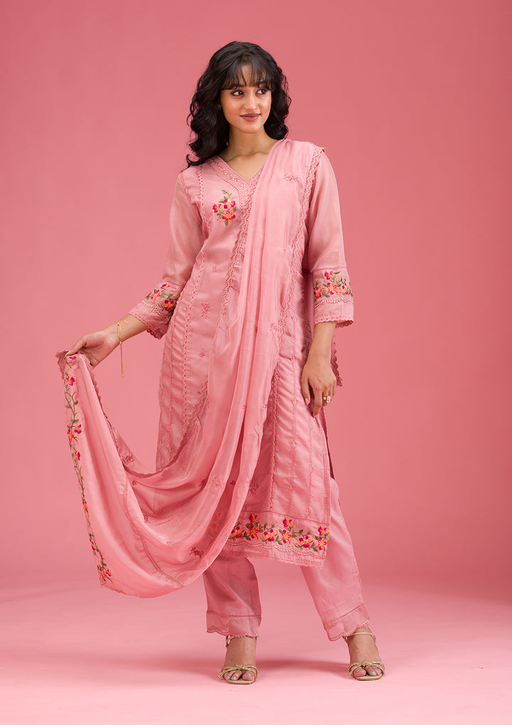Onion Pink Threadwork Crepe Readymade Salwar Suit