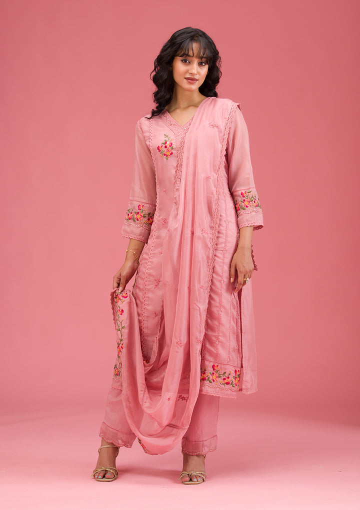Onion Pink Threadwork Crepe Readymade Salwar Suit